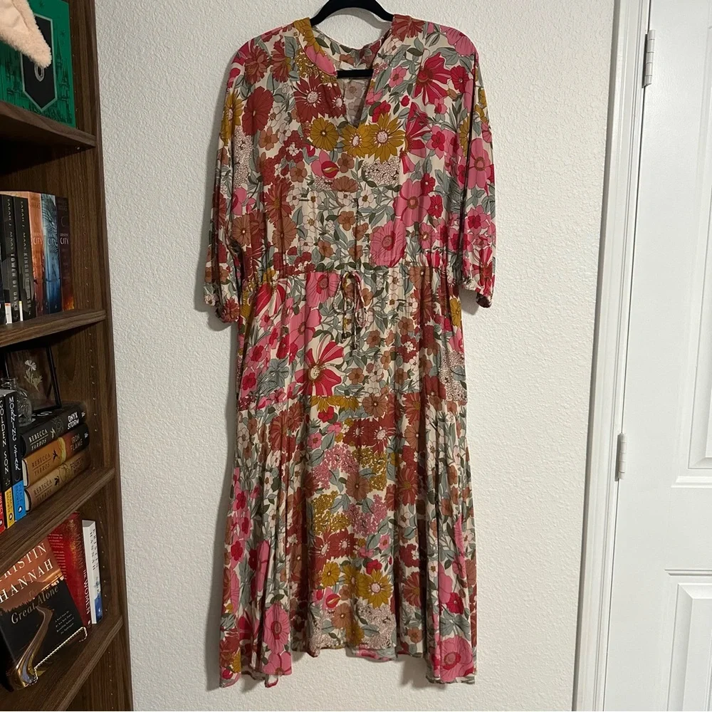 Floral Print‎ Maxi Dress L Long Sleeve V Neck Lined Boho Hippie